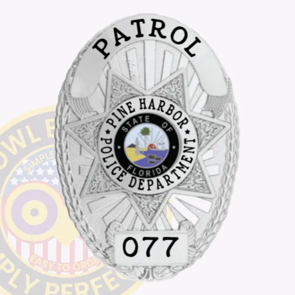 A polished custom metal badge in silver showcases a detailed star shape, reading "PATROL" elegantly at the top. The badge includes a central round emblem featuring "PINE HARBOR POLICE DEPARTMENT" and the Florida state insignia, along with "077" below, designed for convenience with a velcro attachment.
