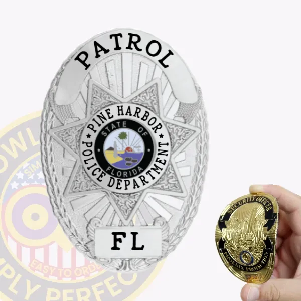 A sleek custom flex badge in silver showcases a star-shaped design, reading "PATROL" at the top. The badge features "PINE HARBOR POLICE DEPARTMENT" in the center, surrounded by the state emblem of Florida, with "FL" at the bottom, designed for convenience with a velcro attachment.