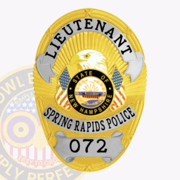 Featuring a custom metal badge in gold with silver panels, this design emphasizes "LIEUTENANT" at the top in clear lettering. The central area includes an eagle emblem and a circular insignia stating "STATE OF NEW HAMPSHIRE," surrounded by "SPRING RAPIDS POLICE" and "072." The badge has a velcro attachment for secure wear.