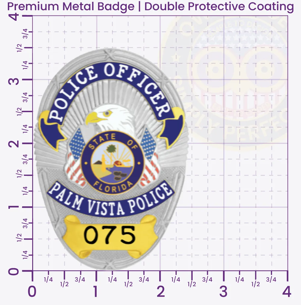 11-D17R Custom Badges And Design, Create, Build and Order Custom Badges Personalized Badges Officer Badges Palm Vista Police Silver with Blue Gold Panels Badges 3.5 Premium