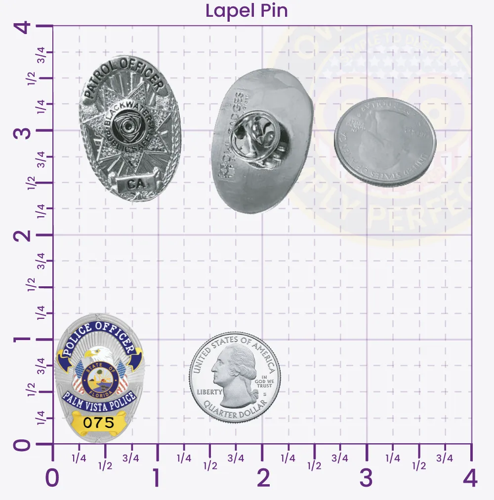 11-D17R Custom Badges And Design, Create, Build and Order Custom Badges Personalized Badges Officer Badges Palm Vista Police Silver with Blue Gold Panels Lapel Pins