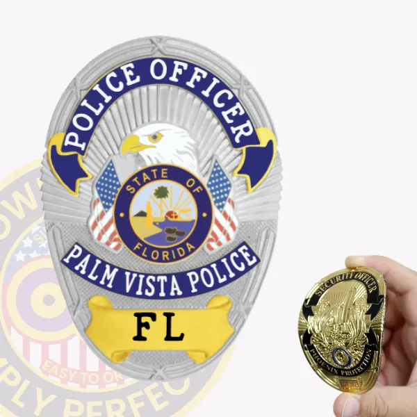 A custom flex badge in silver features intricate gold and blue reverse enamel panels, prominently displaying "POLICE OFFICER" at the top and "PALM VISTA POLICE" along the center. The badge is accented by a detailed eagle emblem and American flags, with "FL" in bold black letters at the bottom, all held firmly with a velcro attachment.