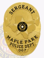 This elegant custom metal badge in gold features "SERGEANT" at the top in bold letters. The central design showcases a star emblem representing Texas, framed by "MAPLE PARK POLICE DEPT." and the number "067." The badge includes a safety pin attachment for secure and convenient wearing.