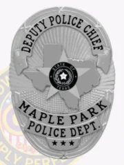 A custom metal badge in silver prominently displays the title "DEPUTY POLICE CHIEF" at the top. The design features a central star emblem representing the state of Texas, surrounded by the text "MAPLE PARK POLICE DEPT." The badge includes three stars at the bottom and is equipped with a safety pin attachment for secure wearing.