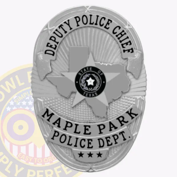 This custom metal badge in silver showcases "DEPUTY POLICE CHIEF" boldly at the top, with a central emblem that represents Texas. The badge is framed by "MAPLE PARK POLICE DEPT." and features three stars at the bottom. It includes a safety pin attachment for easy fastening.