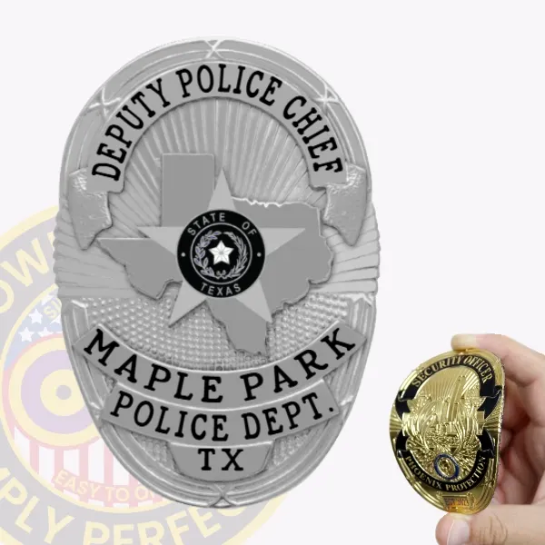 Showcasing a sleek custom flex badge in silver, this design highlights "DEPUTY POLICE CHIEF" at the top. The central area features a star emblem with the state seal of Texas, encircled by "MAPLE PARK POLICE DEPT." and "TX." The badge is equipped with a velcro attachment for secure wear.