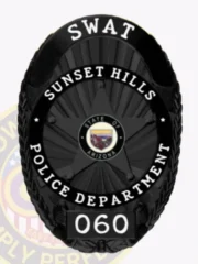 This striking black custom metal badge showcases "SWAT" in bold letters at the top, with "SUNSET HILLS POLICE DEPARTMENT" prominently displayed in the center. The badge includes a circular emblem indicating "STATE OF ARIZONA," along with the number "060" at the bottom. The safety pin attachment allows for easy and reliable fastening on official attire.