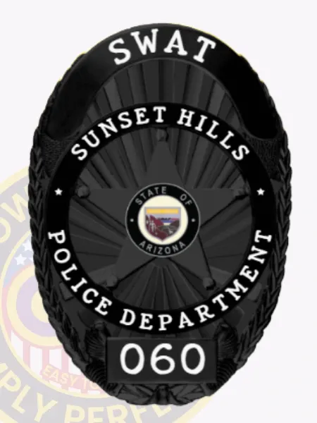 This striking black custom metal badge showcases "SWAT" in bold letters at the top, with "SUNSET HILLS POLICE DEPARTMENT" prominently displayed in the center. The badge includes a circular emblem indicating "STATE OF ARIZONA," along with the number "060" at the bottom. The safety pin attachment allows for easy and reliable fastening on official attire.