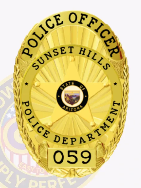 A striking custom metal badge in gold, prominently displaying "POLICE OFFICER" at the top. The center features a star design with "SUNSET HILLS POLICE DEPARTMENT" and an emblem for "STATE OF ARIZONA." Below, the badge includes the number "059." Designed with a safety pin attachment, this badge ensures secure and convenient wear on uniforms.