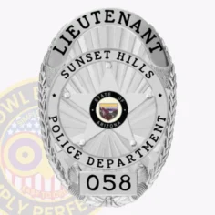 Professional Oval Badge With 5 Point Star Center, Starburst Background, 4 Text Panels, Reef Edge 2 11-d25 custom badges and design, create, build and order custom badges personalized badges officer badges sunset hills police silver