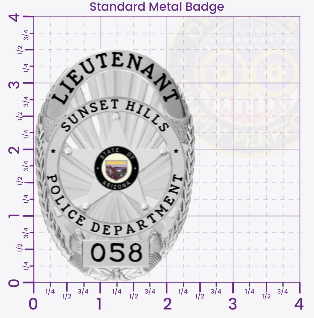 11-D25 Custom Badges And Design, Create, Build and Order Custom Badges Personalized Badges Officer Badges Sunset Hills Police Silver Badges 3.56 Standard