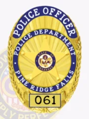 A beautifully crafted custom metal badge in gold with blue accents that reads "POLICE OFFICER" at the top and "POLICE DEPARTMENT PINE RIDGE FALLS" prominently in the center. The star design highlights an emblem for "STATE OF ARKANSAS," with "061" noted below. Featuring a sturdy safety attachment, this badge provides secure placement on uniforms for law enforcement professionals.