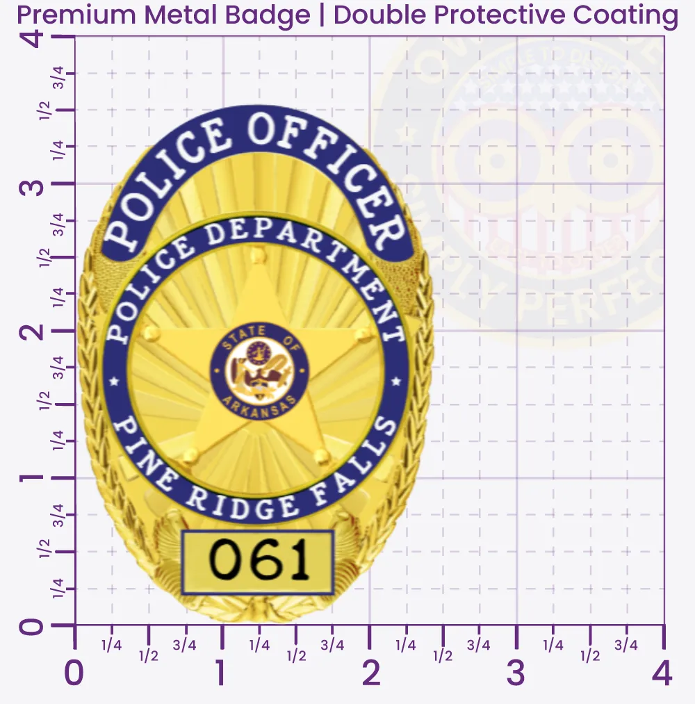 11-D25R Custom Badges And Design, Create, Build and Order Custom Badges Personalized Badges Officer Badges Pine Ridge Falls Police Gold w Blue Panels Badges 3.56 Premium