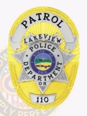 Bright gold custom metal badge featuring silver panels, prominently displaying the title "PATROL" at the top in bold black letters. The badge includes "LAKEVIEW POLICE DEPARTMENT" and "STATE OF OHIO" surrounding a central emblem, with the number "110" at the bottom. It is equipped with a safety pin attachment for secure and convenient wear.