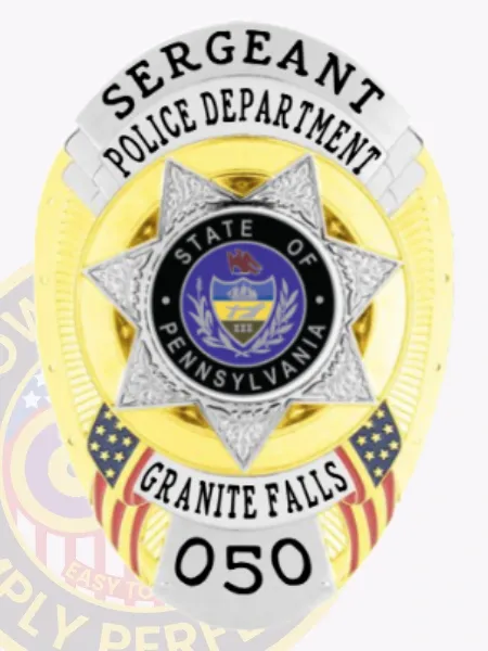 A striking custom metal badge in gold with silver panels and a safety pin attachment, featuring "POLICE DEPARTMENT" elegantly inscribed across the center. The badge includes "GRANITE FALLS" and the state seal of Pennsylvania, creating a cohesive and professional look that highlights its importance in law enforcement.