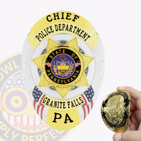 A refined custom flex badge in silver with gold panels and a velcro attachment, displaying "PA" at the bottom to indicate the state. The top features "POLICE DEPARTMENT," while the central area showcases the star design and state seal, contributing to its distinguished look suitable for law enforcement.