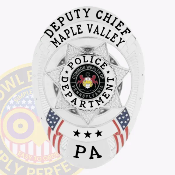 A sleek custom metal badge in silver that reads "DEPUTY CHIEF" across the top, followed by "Maple Valley." The central star design prominently features "POLICE DEPARTMENT," along with "PA" displayed below. This badge includes a practical safety pin attachment, making it ideal for quick and reliable application to any official attire.