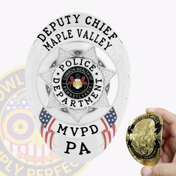 This stunning custom flex badge in silver highlights the title "Deputy Chief Maple Valley" in a bold font at the top, with "Police Department" in the center. The badge is designed with a star motif, along with "MVPD" and "PA" at the base. Featuring a reliable velcro attachment, it offers versatility for secure and easy wear by police officers.