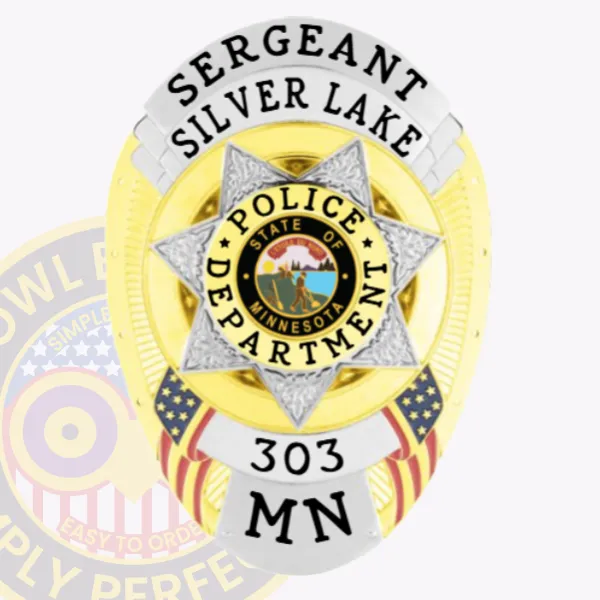 Silver Lake Police Department gold oval metal badge for sergeant, decorated with a radiant gold base and a detailed silver 7-point star with the Minnesota state seal, silver banners with black text for "SERGEANT," "SILVER LAKE," "POLICE DEPARTMENT," and "303 MN," accented by American flag designs.