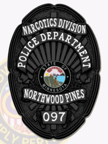 This elegant custom metal badge in black features "NARCOTICS DIVISION" prominently at the top in bold white lettering, set against a visually appealing background. The center displays the emblem of the "STATE OF MINNESOTA," complemented by "POLICE DEPARTMENT," "NORTHWOOD PINES," and "097." A safety pin attachment ensures secure and practical wear during duty.
