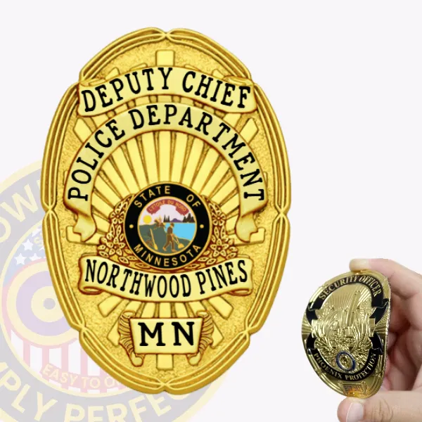 This custom flex badge in gold prominently features the title "DEPUTY CHIEF" at the top in bold black letters, creating a striking contrast against the shiny surface. The center showcases a circular emblem with "STATE OF MINNESOTA," surrounded by decorative elements. Below, "POLICE DEPARTMENT," "NORTHWOOD PINES," and "MN" are clearly inscribed. A velcro attachment ensures secure and convenient wear on uniforms.