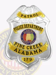 Police badge for Pine Creek patrol featuring a silver eagle atop a shield-shaped base with textured silver finish, gold curved name and department plates in black text, framing the vibrant Alabama state seal emblem, created as a custom silver eagle top shield metal badge with safety pin attachment.