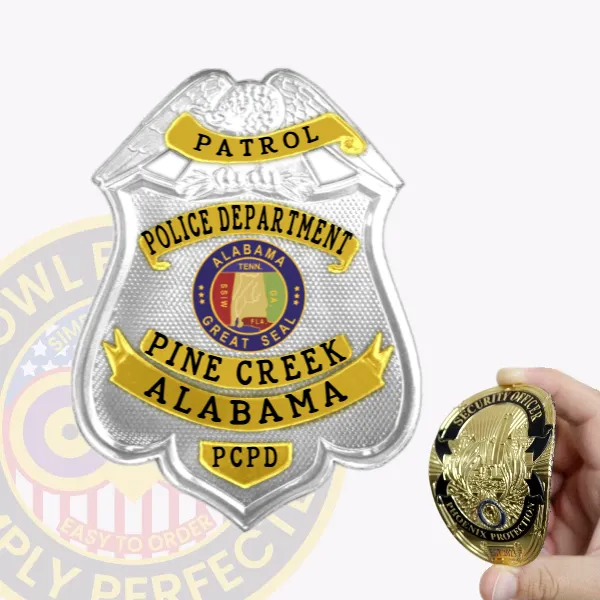 Silver flex badge shaped like a shield with a raised silver eagle perched on top, bright gold banners with black lettering displaying "PATROL," "POLICE DEPARTMENT," and "PINE CREEK ALABAMA," surrounding the Alabama state seal in the center, designed as a custom silver eagle top shield flex badge for Pine Creek police, equipped with velcro backing.