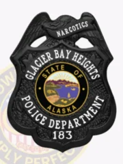 Black eagle top shield badge for Glacier Bay Heights police narcotics unit, showing textured black metal background, "NARCOTICS" on the eagle banner, and the State of Alaska emblem in the center, finished with white department text and the number 183 at the bottom, secured with a safety pin.