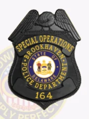 Brookhaven Police Special Operations custom black shield badge featuring an embossed black eagle at the top, yellow text bands with "SPECIAL OPERATIONS" and "BROOKHAVEN POLICE DEPARTMENT," the Delaware state seal in the center, and "164" displayed at the bottom, attached with safety pin.