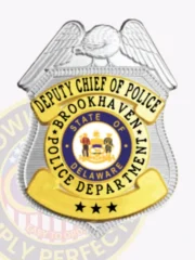 Silver eagle top shield metal badge for Brookhaven Police Deputy Chief with gold panels, showcasing a silver eagle figure at the top, gold banners with "DEPUTY CHIEF OF POLICE" and "BROOKHAVEN POLICE DEPARTMENT" in black text, a central blue and gold Delaware seal, and three black stars on the gold bottom panel, designed with safety pin attachment.