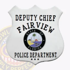 Custom silver shield metal badge for fairview police the deputy chief with safety pin attachment, displaying a shiny silver shield badge with clear black text arranged in curves and lines reading "deputy chief fairview police department," with the official florida seal centered above three stars.