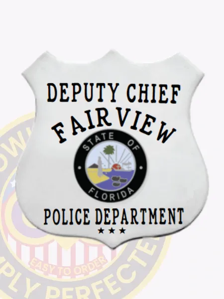 Polished custom silver shield metal badge for Fairview police the deputy chief with safety pin attachment, showing a reflective silver shield with bold black lettering "DEPUTY CHIEF FAIRVIEW POLICE DEPARTMENT," the Florida state seal in full color in the middle, and three black stars at the bottom.
