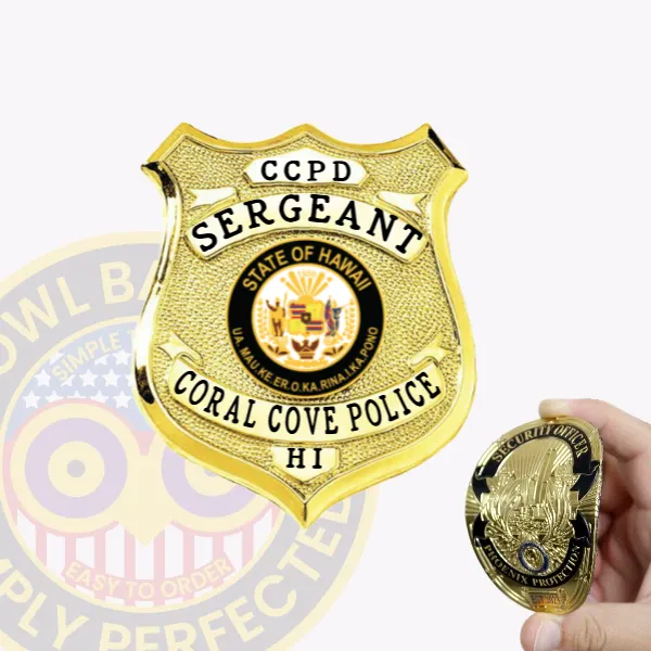 Shiny custom gold shield flex badge for Coral Cove police the sergeant with velcro attachment, showing a polished gold shield with white panels featuring black text for "CCPD," "SERGEANT," and "CORAL COVE POLICE HI," and the State of Hawaii seal centered on the badge.