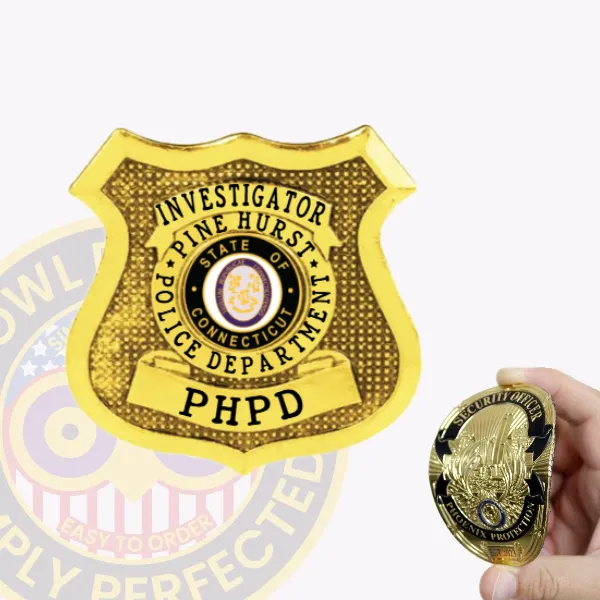 Custom gold shield flex badge for Pine Hurst police the investigator with velcro attachment, featuring a shiny gold badge with textured background, bold black text reading "INVESTIGATOR PINE HURST POLICE DEPARTMENT" and "PHPD" at the bottom, and the State of Connecticut seal in the center.