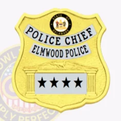 Shiny custom gold shield metal badge with silver panels for elmwood police the deputy chief with safety pin attachment, displaying a hammered gold shield background, silver text panels reading "police chief" and "elmwood police," a round delaware state seal near the top, and a large silver panel at the bottom featuring four black stars.