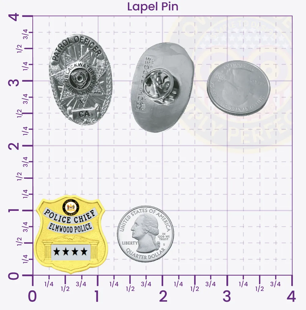 13-F19-7 Custom Badges And Design, Create, Build and Order Custom Badges Personalized Badges Officer Badges Elmwood Police Gold Lapel Pins