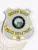 Silver shield-shaped custom metal badge for Crescent Heights Police Department, displaying black text on shiny gold panels over a textured silver base, a colorful Idaho state seal in the middle, and equipped with a safety pin attachment.