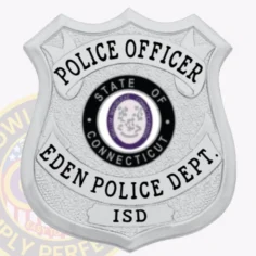 Polished custom silver shield metal badge for eden police the police officer with safety pin attachment, showing a reflective silver shield with dotted texture, black curved lettering for "police officer" and "eden police dept. ," the official connecticut state seal in the middle, and "isd" on a bottom panel.