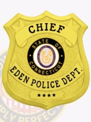 Custom gold shield metal badge for Eden police the chief with safety pin attachment, displaying a reflective gold shield with dotted texture, black text panels labeled "CHIEF," "EDEN POLICE DEPT.," four stars on a bottom banner, and the official Connecticut state emblem centered.