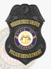 Black eagle top shield metal badge for Peach Tree Grove Police, displaying a black eagle figure at the top, yellow lettering stating "PEACH TREE GROVE," the State of Georgia seal in the center with blue and gold colors, and "POLICE DEPARTMENT" on the bottom banner, designed with safety pin attachment.