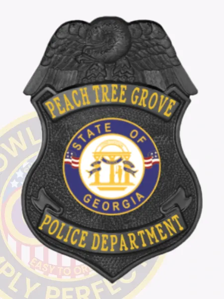 Black eagle top shield metal badge for Peach Tree Grove Police, displaying a black eagle figure at the top, yellow lettering stating "PEACH TREE GROVE," the State of Georgia seal in the center with blue and gold colors, and "POLICE DEPARTMENT" on the bottom banner, designed with safety pin attachment.