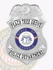 Peach Tree Grove Police custom silver shield badge featuring a raised silver eagle at the top, white scrolls with black lettering for "PEACH TREE GROVE" and "POLICE DEPARTMENT," and a central Georgia state emblem in blue and white, secured by safety pin.