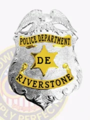 Police Department badge for Riverstone in silver metal featuring a prominent silver eagle at the top, gold banners with black text for "POLICE DEPARTMENT" and "RIVERSTONE," a central gold six-point star marked with "DE," secured with safety pin.