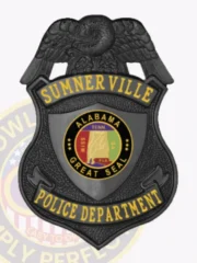 Black shield-shaped metal badge with a detailed black eagle perched on top, displaying yellow text for "SUMNERVILLE" on the upper banner and "POLICE DEPARTMENT" on the lower banner, surrounding the colorful Alabama Great Seal, made as a custom black eagle top shield flex badge with a safety pin fastener.