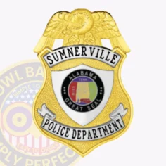 Police badge for sumnerville featuring a gold eagle atop a shield-shaped base with textured gold finish, silver curved name and department plates in black text, framing the vibrant alabama state seal emblem, created as a custom gold eagle top shield metal badge with safety pin attachment.