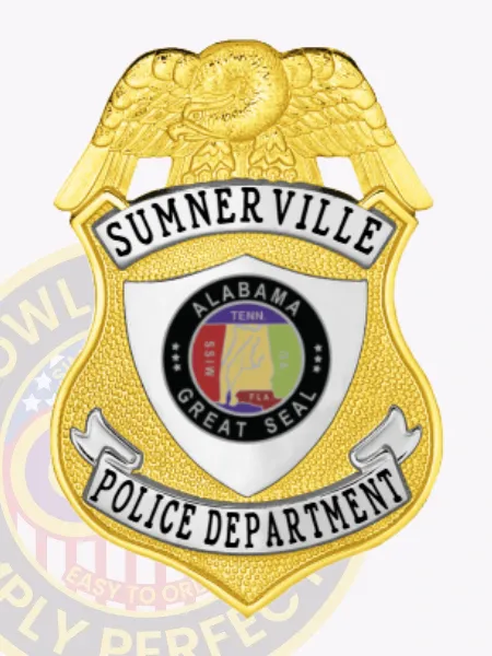 Custom gold eagle top shield metal badge for Sumnerville police showing a large gold eagle on top, gold textured shield body with silver text panels labeled "SUMNERVILLE" and "POLICE DEPARTMENT," and a central colorful Alabama Great Seal, fixed with a safety pin on the back.