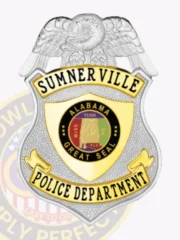 Sumnerville Police Department badge made of silver metal with an eagle perched at the top, featuring gold panels displaying "SUMNERVILLE" and "POLICE DEPARTMENT" in black text, enclosing the Alabama Great Seal, designed with a safety pin attachment for secure wear.