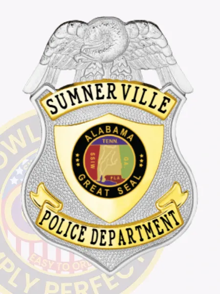 Sumnerville Police Department badge made of silver metal with an eagle perched at the top, featuring gold panels displaying "SUMNERVILLE" and "POLICE DEPARTMENT" in black text, enclosing the Alabama Great Seal, designed with a safety pin attachment for secure wear.
