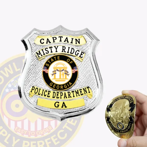 Custom silver shield flex badge with gold panels for Misty Ridge police the captain with velcro attachment, featuring a textured silver shield with bright gold curved panels displaying black text "CAPTAIN," "MISTY RIDGE," "POLICE DEPARTMENT," and "GA," with the colorful State of Georgia seal centered.