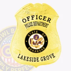 Gold shield metal badge custom-made for lakeside grove police officer, embossed with an eagle on top, black text "officer police department" curved above and "lakeside grove" below the central arkansas state seal, designed with a safety pin attachment for easy fastening.